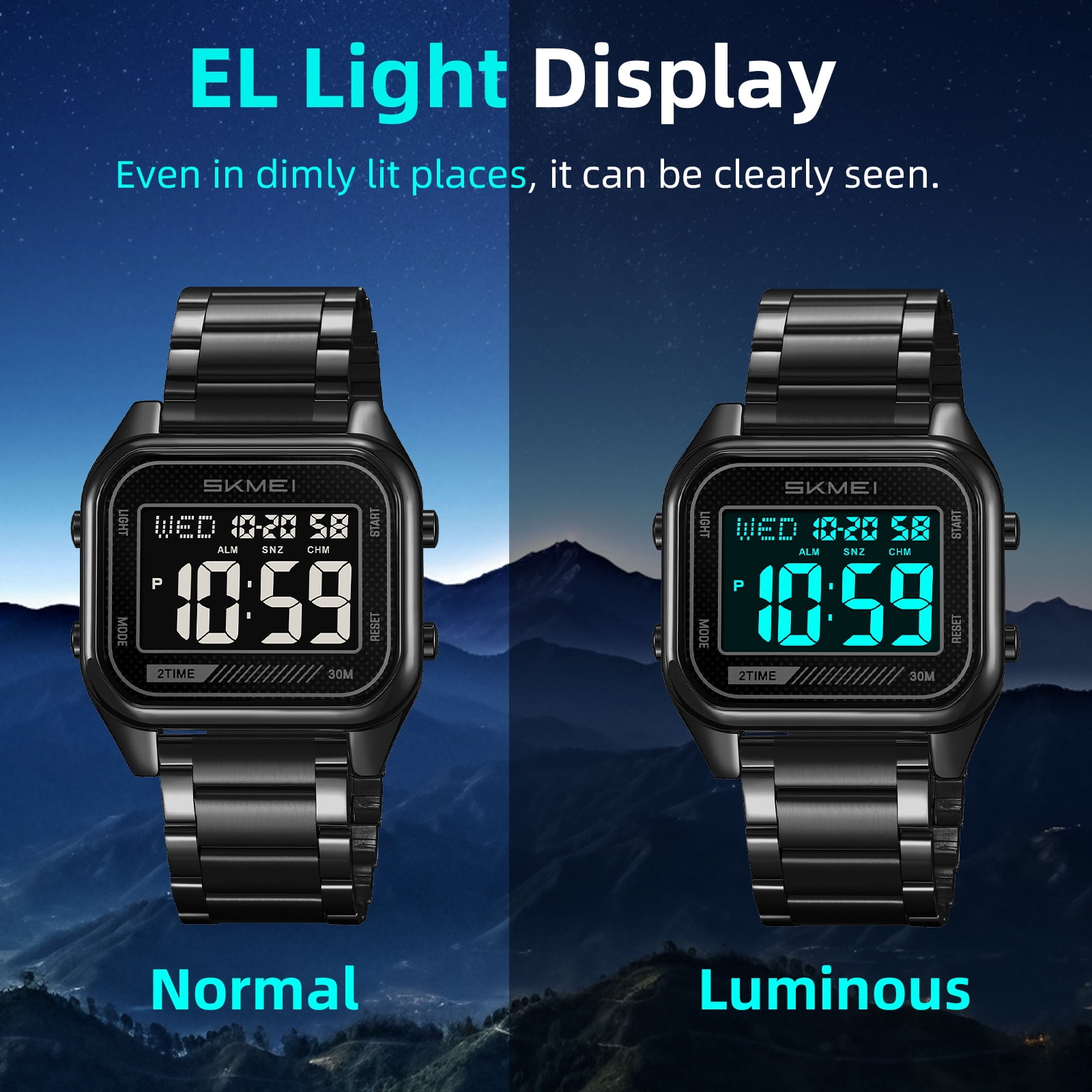 SKMEI Men's Digital Stainless Steel Watch Large Face LED Casual Sport Watches Waterproof Dual Time Date Wristwatch