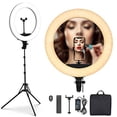 thumbnail image 1 of PoplarTrees Ring Light 18'' with Tripod Stand 65W, 3 Light Mode Remote Control 3200-5500K Dimmable CRI 95, Makeup Photography LED Ring Light for YouTube TikTok Video Shooting Including Carrying Bag, 1 of 6