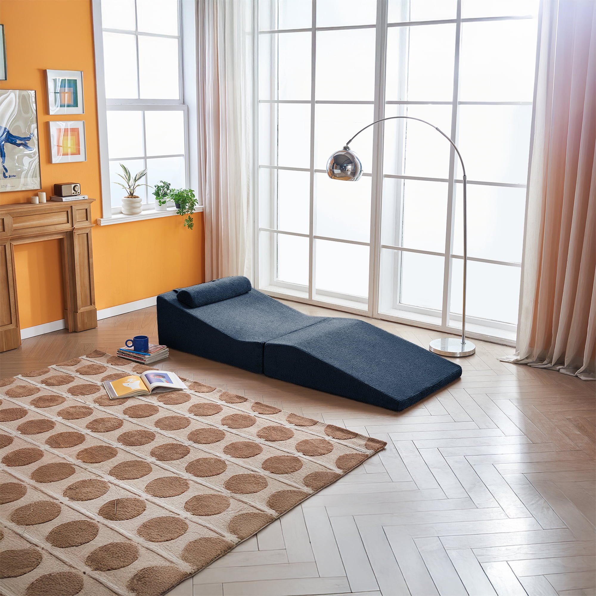Foldable Tatami Lounger Sofa Bed, High-Density Sponge, Velvet Upholstery, Blue, 80.31 Inch Length, Portable Design, No Assembly Required for Living Room Bedroom Balcony Office