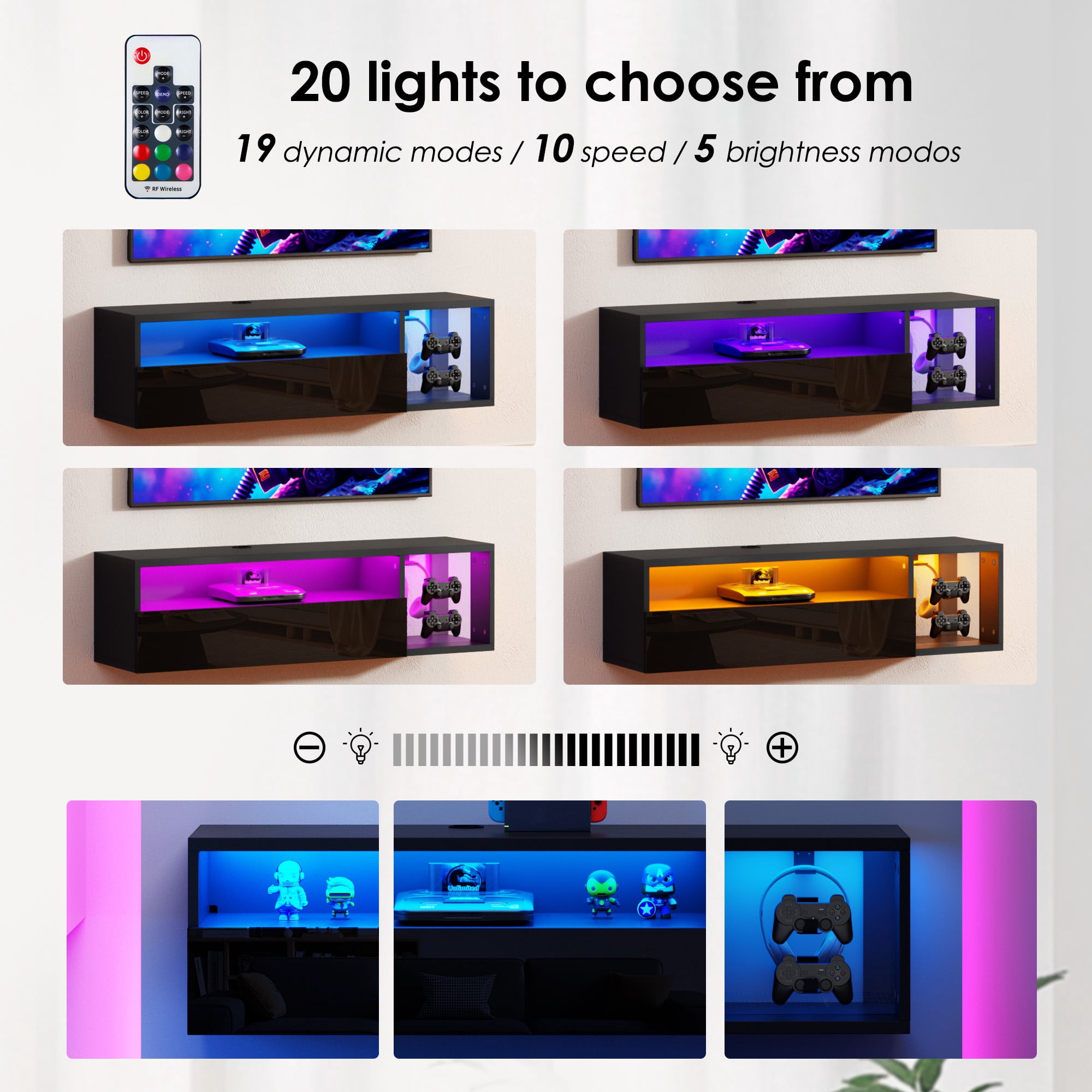 Soges 39" LED Floating TV Stand Entertainment Centre, LED Media Console TV Cabinet with 2 Headphone & 4 Gaming Handle Hooks, Wall Mounted TV Table with Cable Management, Black