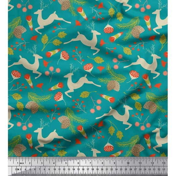 Soimoi Moss Georgette Fabric Leaves & Reindeer Animal Print Sewing Fabric Yard 42 Inch Wide