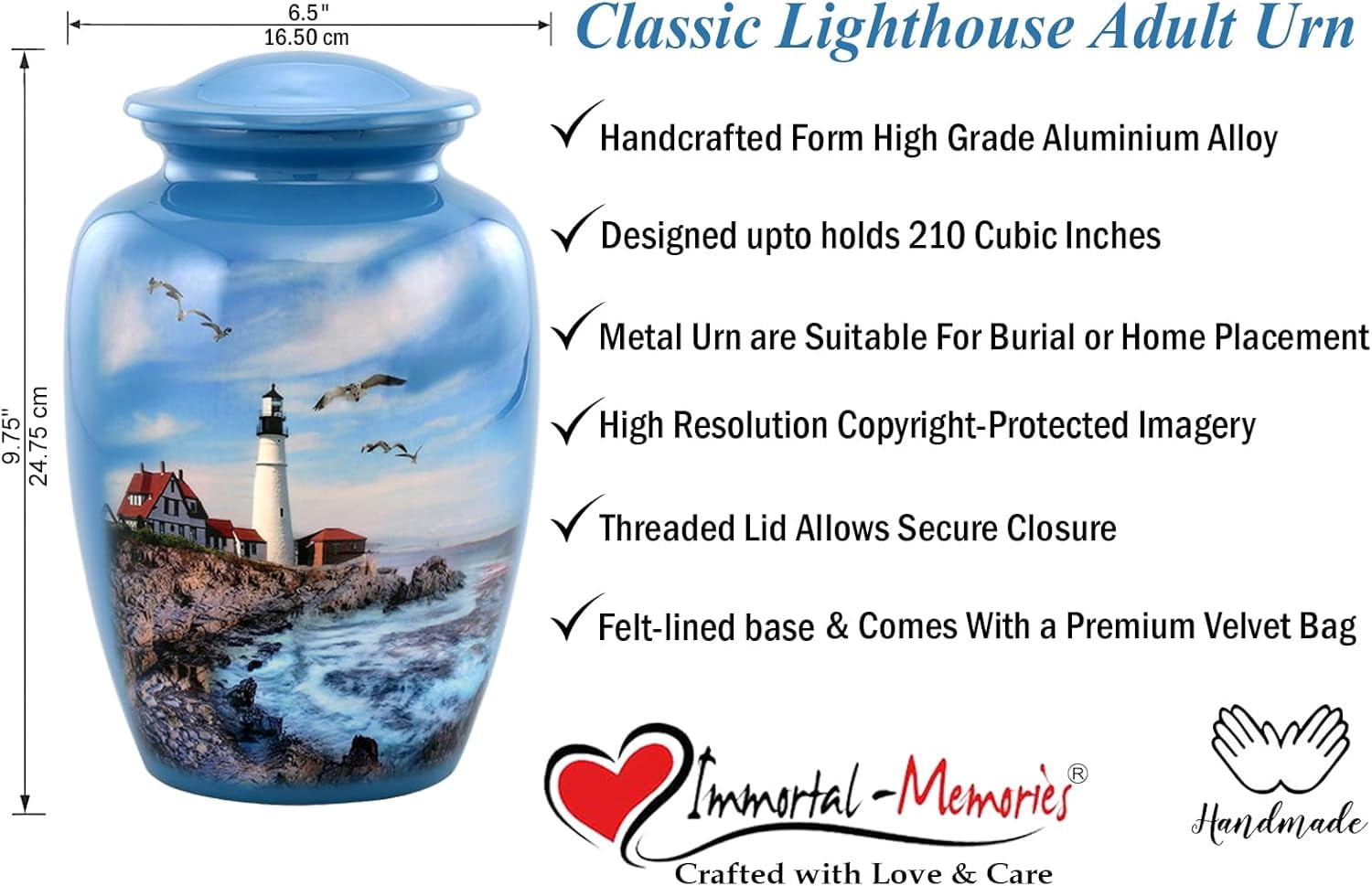 Lighthouse Large Adult Cremation Urn for Ashes, Blue Memorial Urn with Velvet Bag