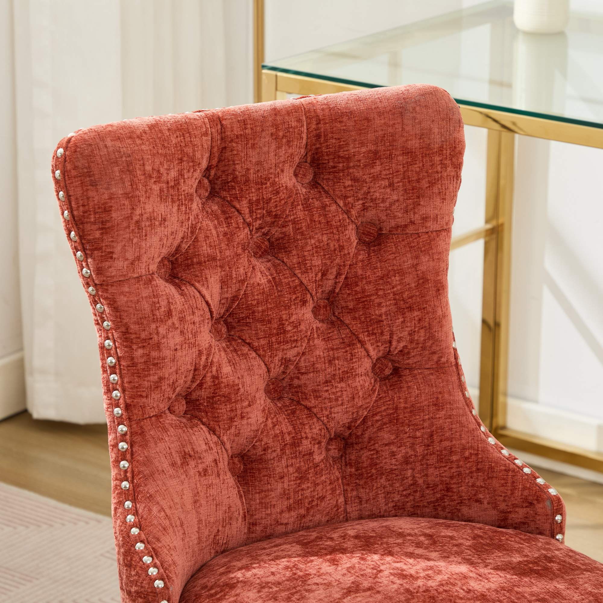 MAYEERTY Modern Chenille Office Chair - Tufted Buttons, Chrome Metal Base, Adjustable Swivel, Orange