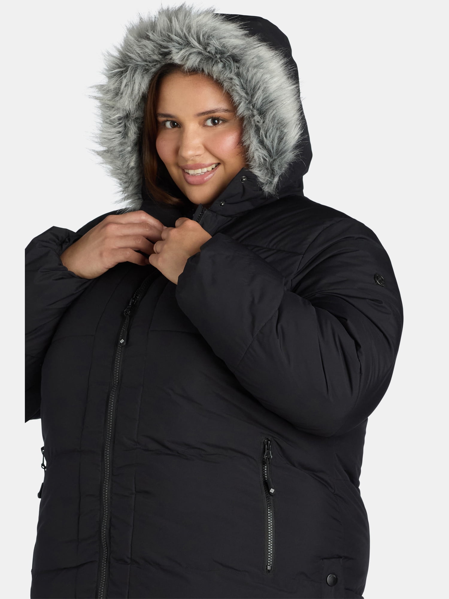 Big Chill Women's and Women's Plus Wide Quilted Puffer Coat with Faux Fur Trim Hood, Sizes S-3X
