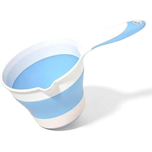 Premium Silicone Bath Rinse Cup & Water Pourer - Large Capacity Blue and White Bath Cup for Rinsing Hair, Shower Hair Washing Mug, Pet Bathing, and Travel