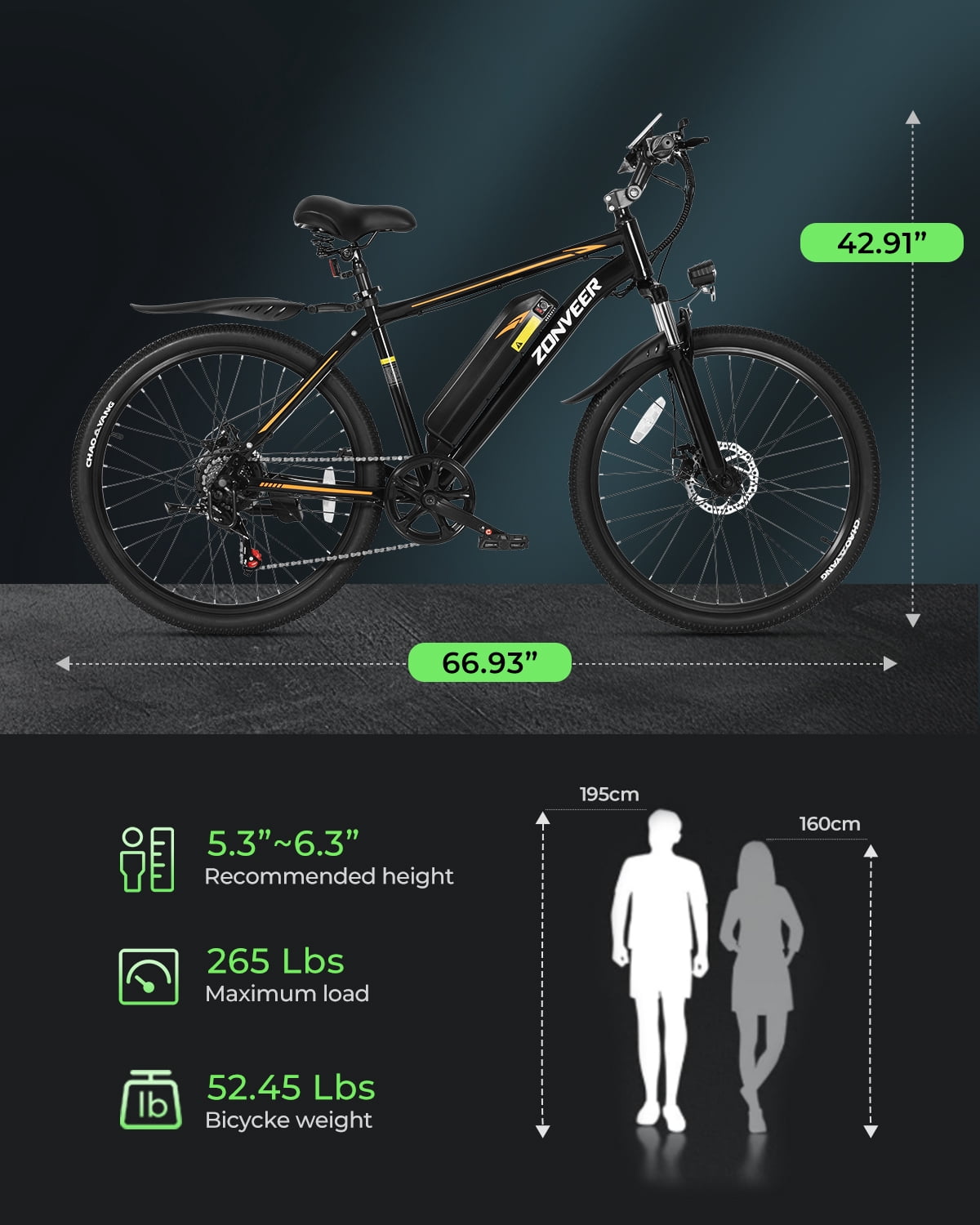 DYU 26" Electric Bike for Adults, 36V/10AH Removable Battery, Peak 750W Brushless Motor, 50 Miles Commuting Range, Front Fork Suspension, Shimano 7 Speed, UL2849