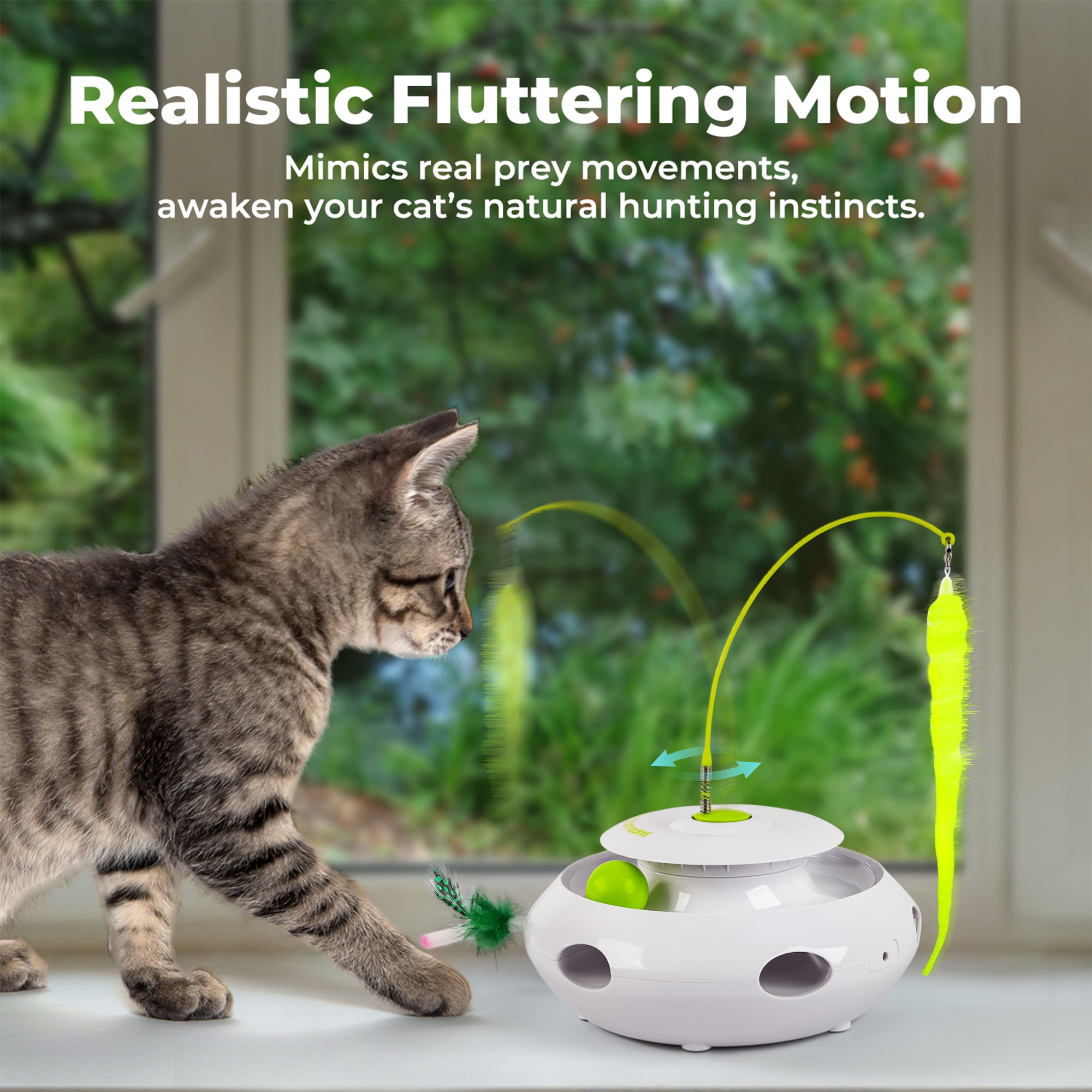 All For Paws 3-in-1 Interactive Flutter Bug Cat Toy with Poping Feather,Automatic Whack-a-Mole Kitty Toy, Spinning Kitty Teaser Toys