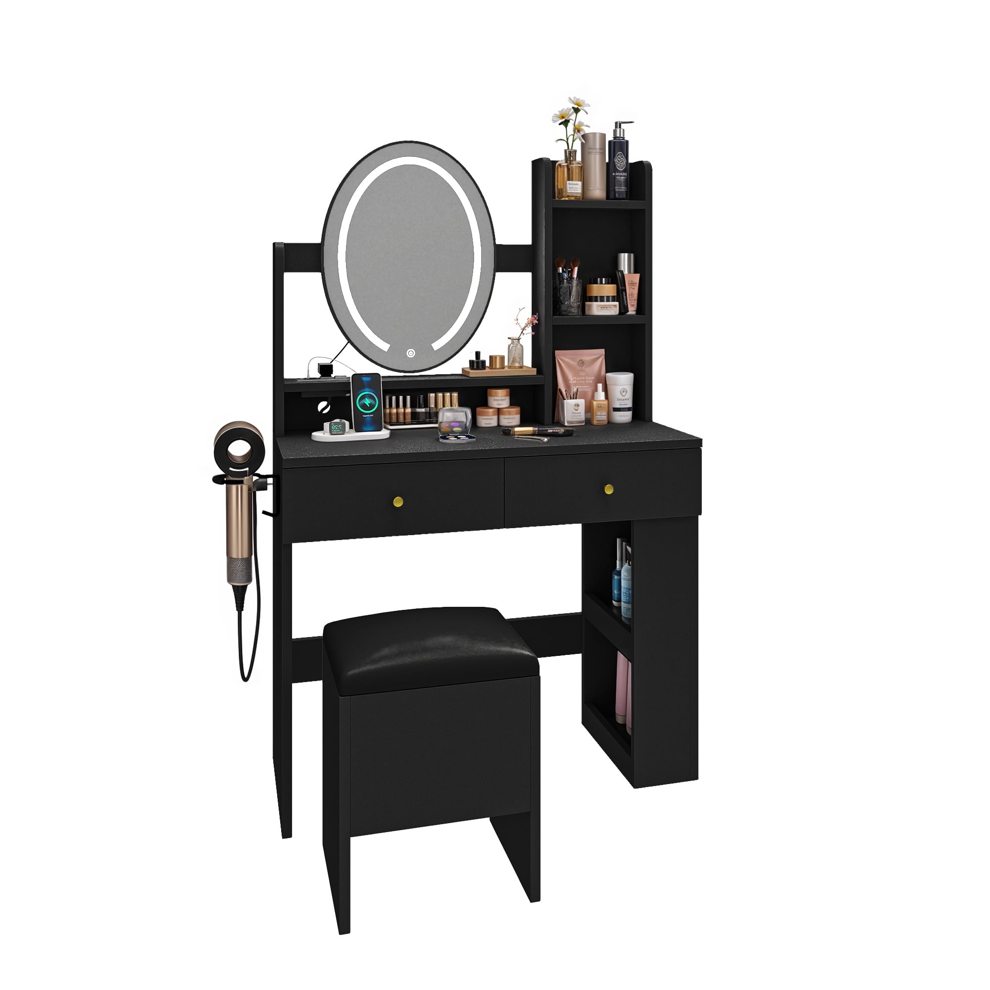 Uforic Vanity Table with 3 Lighting Colors, 2 Drawers, and Cushioned Stool - Black