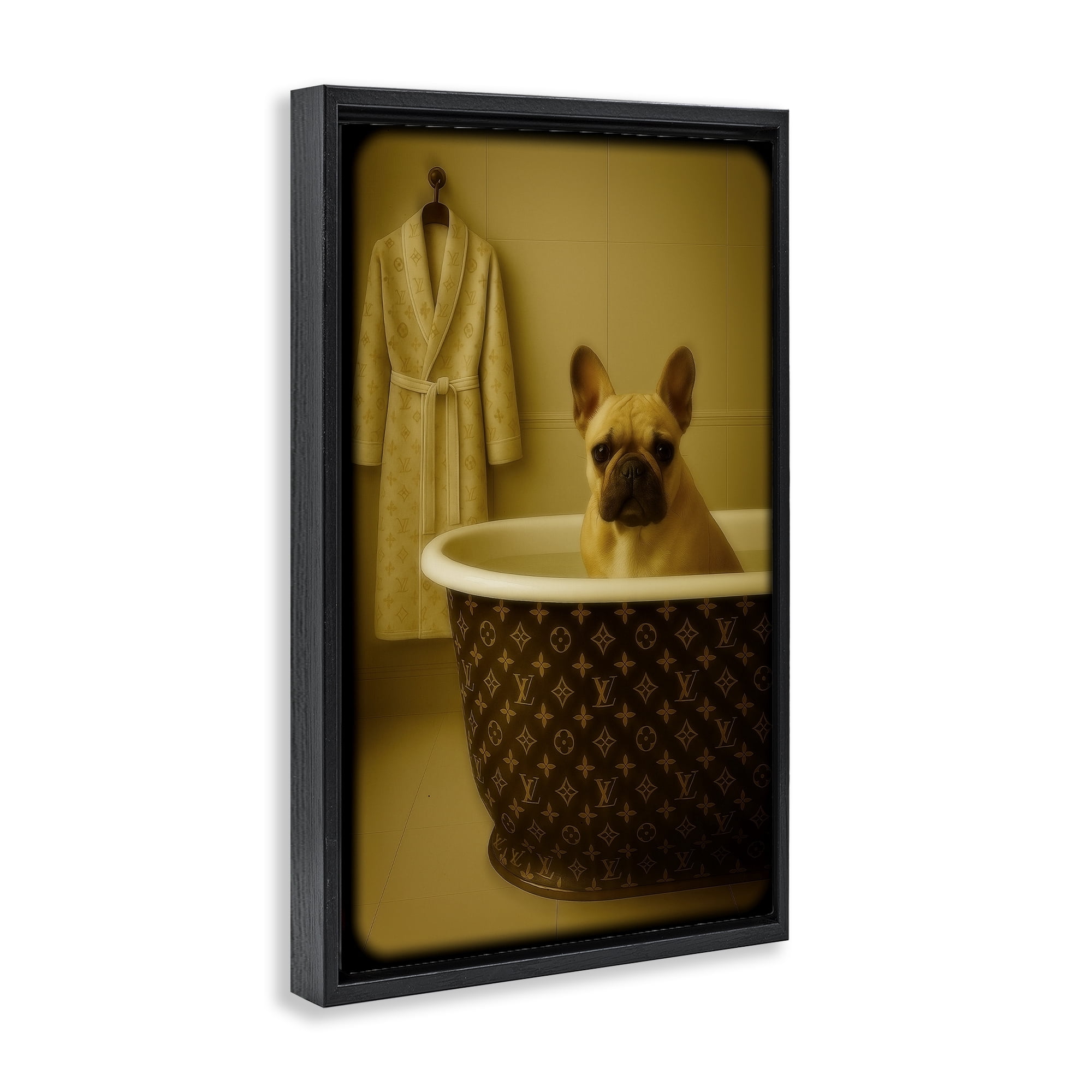Stupell Industries Couture French Bulldog in Luxury Tub Black Framed Floater Canvas Wall Art, design by Grotto Studios