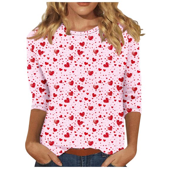 Valentine's Day Shirts for Women 3/4 Length Sleeve Tops Love Hearts Print Crewneck Cute Casual Graphic Tee Tshirts (XL, Pink 01)