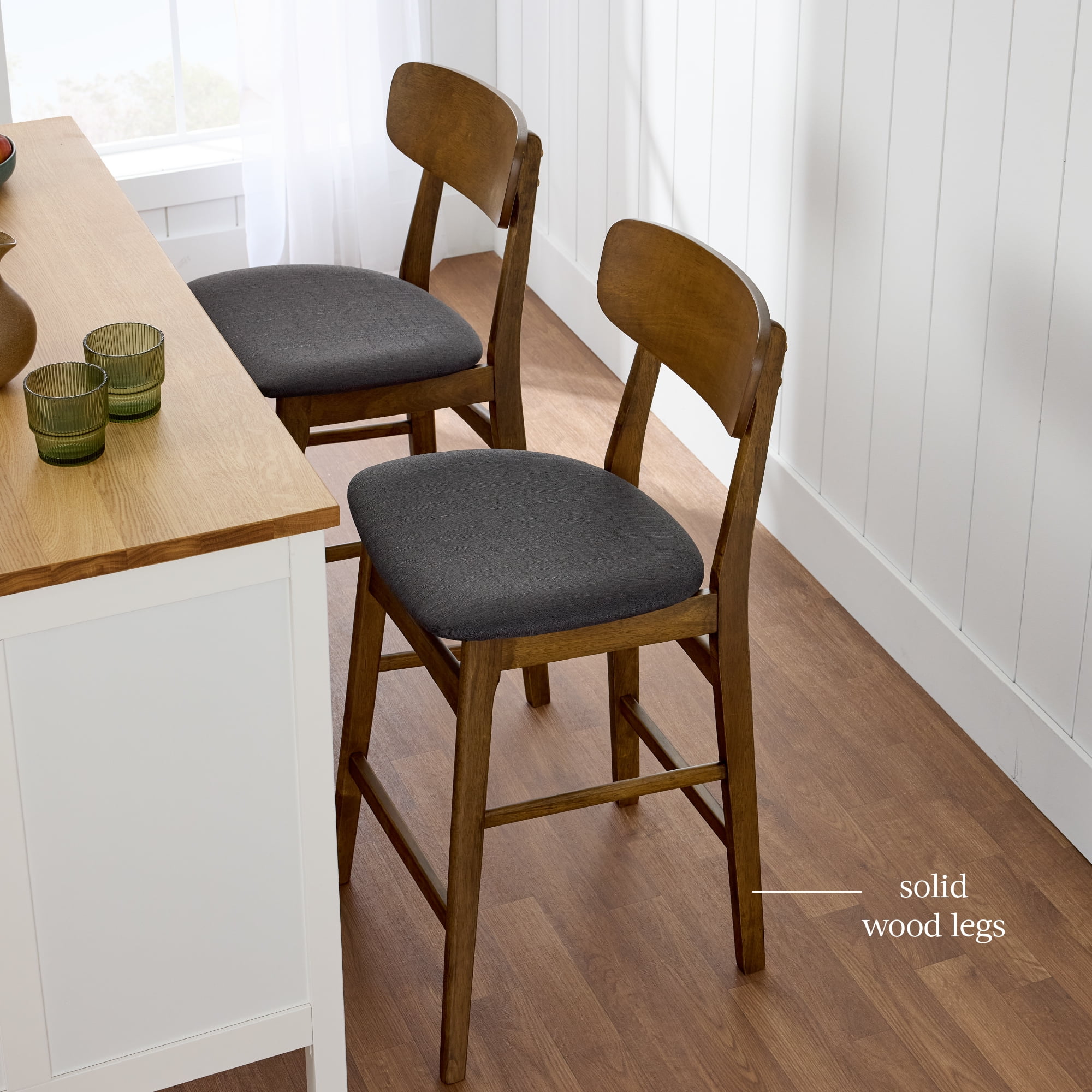 Best Choice Products 2-Piece Farmhouse Counter Height Bar Stool Set w/ Cushioned Seat, Wooden Backrest  Walnut/Charcoal