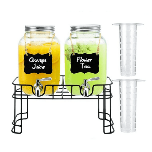 1 Gallon Glass Drink Dispensers for Parties, 2PACK Beverage Dispenser with Stand, Ice Cylinder and Stainless Steel Spigot 100% Leakproof, Beverage Dispenser for Lemonade Sun Tea