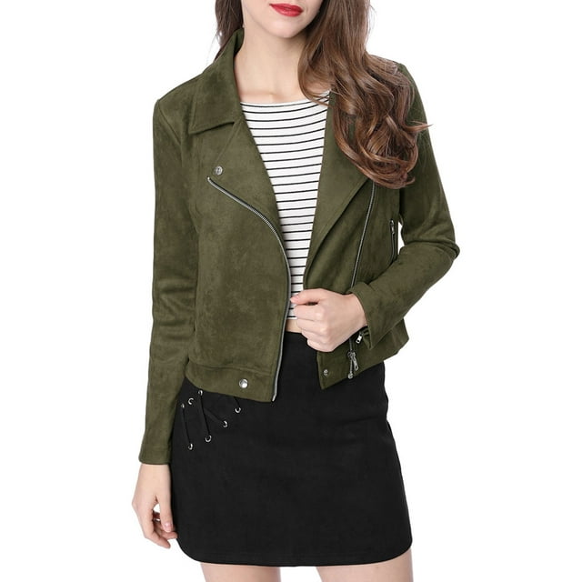 INSPIRE CHIC Women Short Soft Zip Up Faux Suede Biker Moto Jacket