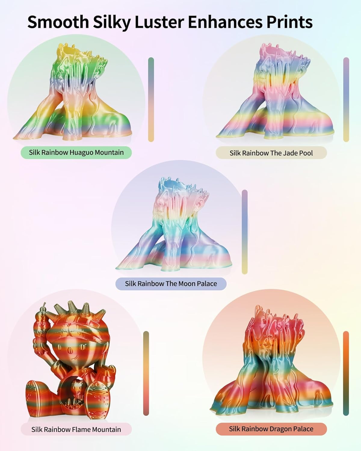 Silk PLA 3D Printer Filament Multicolor Rainbow PLA Filament 1.75mm Gradient Color Changing Filament 1kg (2.2lbs) Dimensional Accuracy +/- 0.02 mm Silk Rainbow Filament
