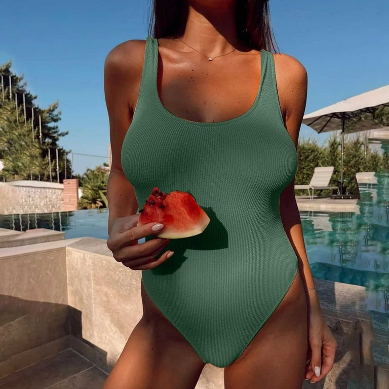 Flash Picks Women's One Piece Bodysuit Triangle Ribbed Swimwear Sets Casual  Sling Bathing Suit Summer Fashion Cozy Outfits for Girls Solid Color