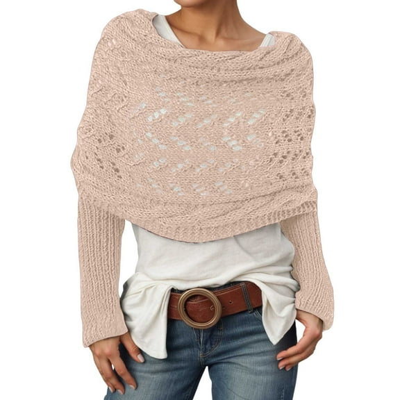BOOMNY Womens Sweaters Long Sleeve Cropped Sweaters for Women Shawl Wrap Design Fashion Hallow Out Warm Knit Pullover Trendy Tops 2025 Fall Winter Knitwear