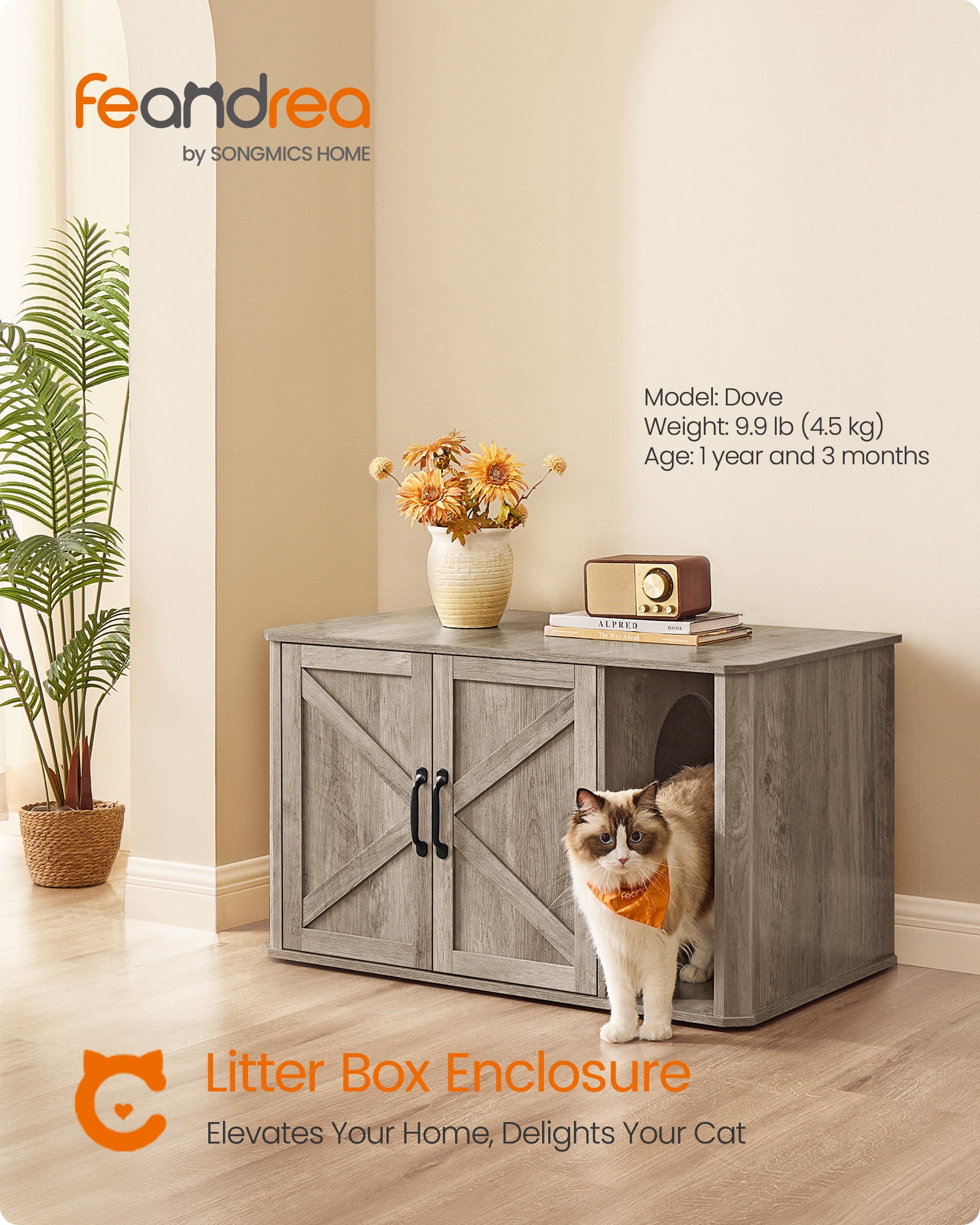 Litter Box Enclosure, Modern Cat Litter Box Furniture Hidden, with Front Entry, Double Doors, Handles, Cat House, Side End Table, 33.5 x 19 x 19.5 Inches, Heather Greige