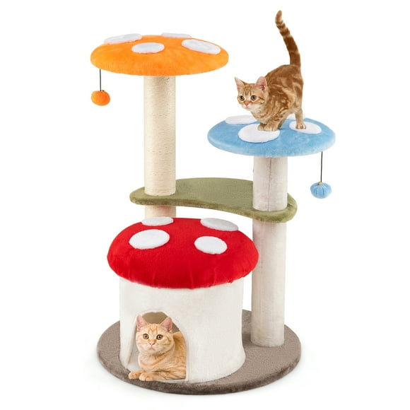 Gymax Cute Mushroom Cat Tree 35'' Tall Cat Tower w/ Sisal Scratching Posts Cat Condo