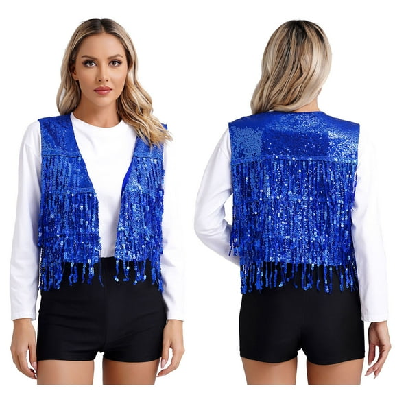 Aislor Womens Shiny Sequin Sleeveless Vest Sparkly Lightweight Jacket Cardigan Dancing Vest Royal Blue XL