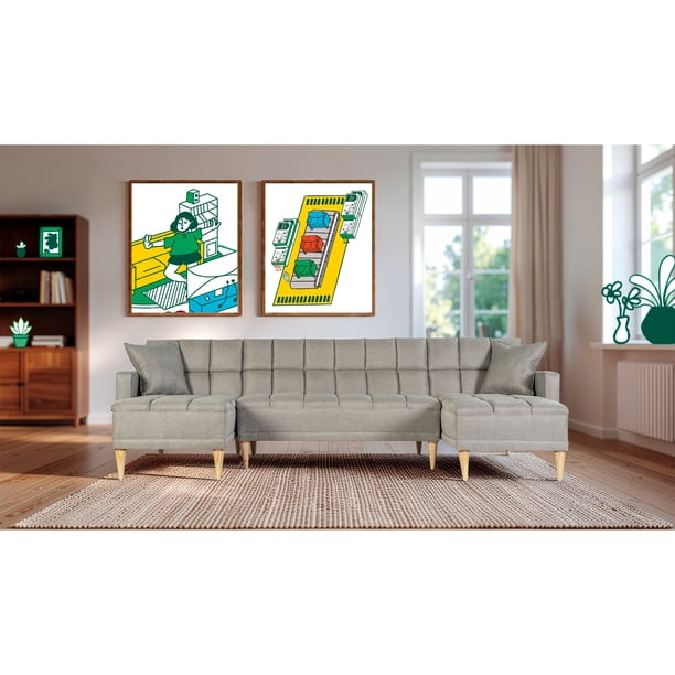 Sala Modular Doble Chaise Makora Travis con Memory Foam Color Gris Claro Lino Respaldo Reclinable de 3 Posiciones