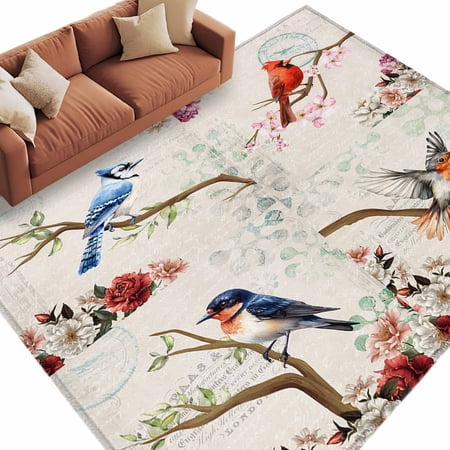 Rectangle Rug 5x8ft Area Rug Spring Flower Bird Area Rugs for Living Room Bedroom Vintage Country Floral Art Floor Mat Non-Slip Non-Shedding Carpet Indoor Accent Rugs