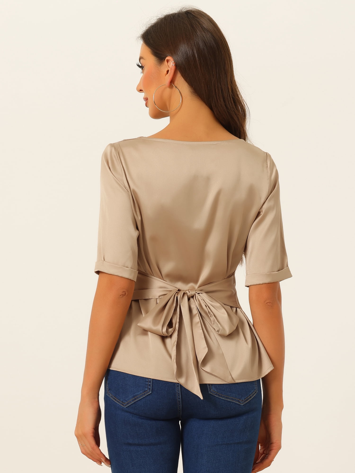 DARING DIVA Women's Satin Blouse Ruched Tie Back Office Tops XS Champagne