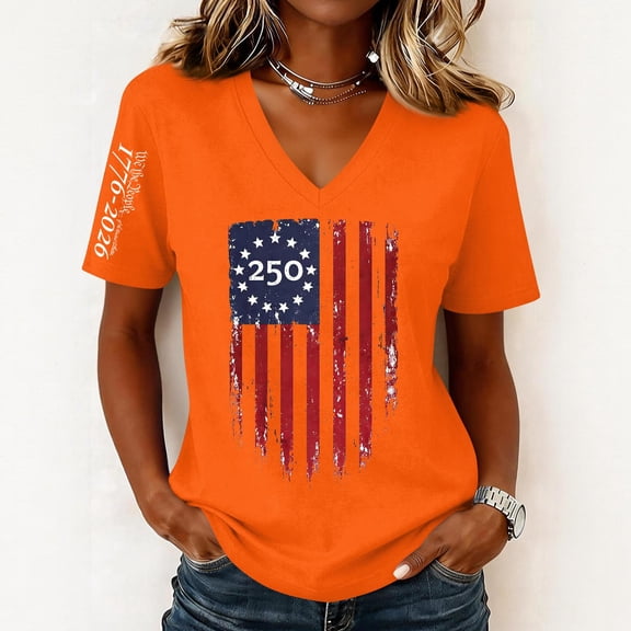 Evdexr Women's 250th Anniversary Usa T Shirt 4th Of July V Neck Shirts Patriotic Short Sleeve Stars and Stripes Tops 1776 2026 Red Blue and White Lightweight Tees Orange XL