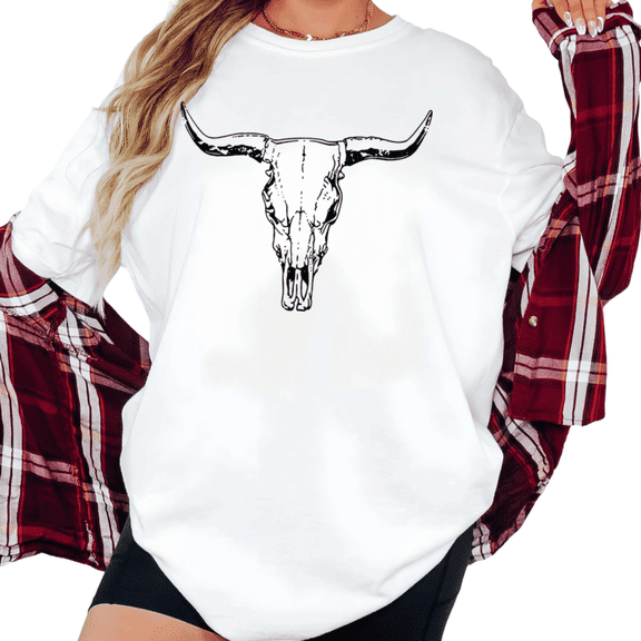 UNISHE Women's Western Cow Skull Line Art Graphic Short Sleeve T-Shirt Casual Breathable Crewneck Top