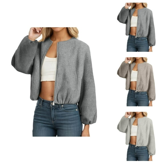 Cropped Jacket for Women 2025 Long Sleeve Lightweight Crewneck Zip Up Casual Jackets with Pockets Outerwear