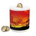 thumbnail image 1 of Teen Room Piggy Bank, Men Playing Baseball in the Town City Park Tall Buildings Urban Scenery, Ceramic Coin Bank Money Box for Cash Saving, 3.6" X 3.2", Red Yellow Black, by Ambesonne, 1 of 4