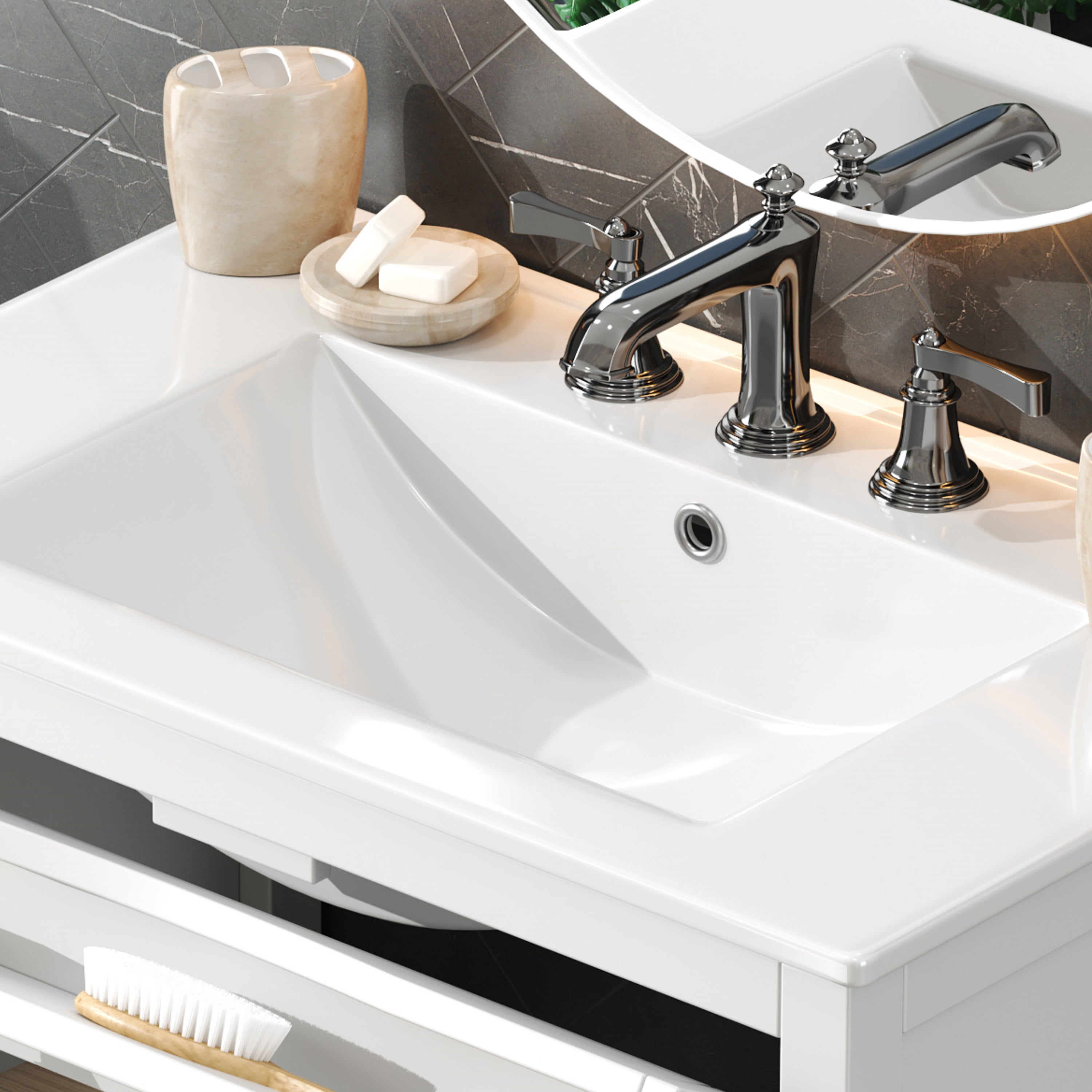Euroco 30" Bathroom Vanity with Ceramic Sink, Equipped with Adjustable Shelf and Tip-Out Tray, Bathroom vanity with Solid Wood Legs, Silver Metal Knobs and Soft Close Hinges, White
