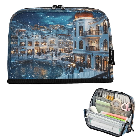 Standing Pencil Case with Base Large Capacity Stationery Pouch Pen Bag with Zipper for Women Men White Building