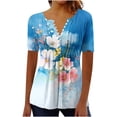 thumbnail image 3 of Otvok Women's Henley Button Blouses Short Sleeve Floral Print V Neck Pleated Outdoor Casual Tunic Tops, 3 of 7