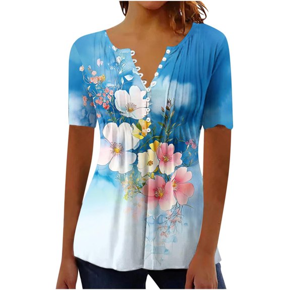Purcolt Tunic Tops for Women Loose Fit Dressy Button V Neck Shirts Short Sleeve Tshirt Retro Print Summer Blouse