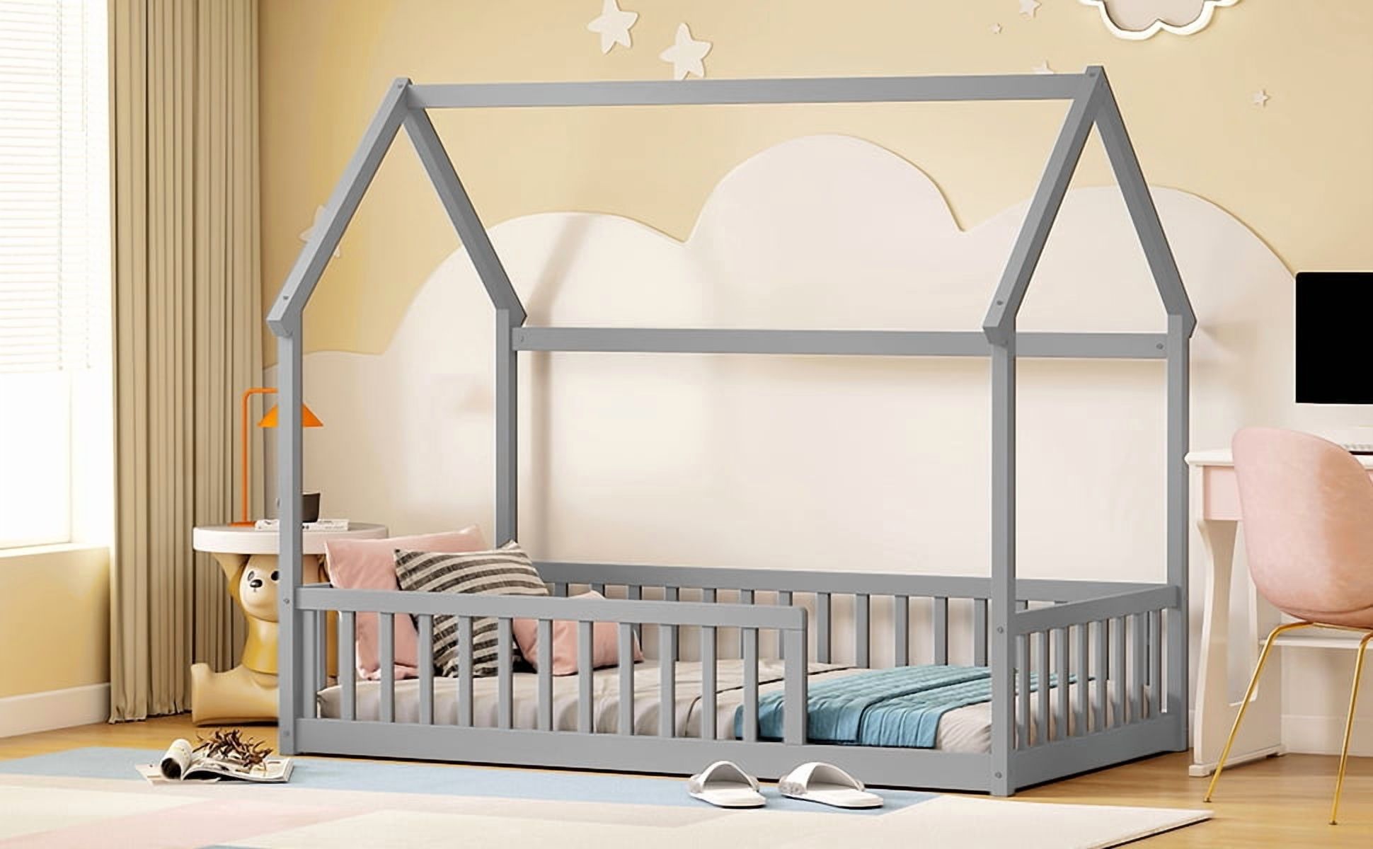 Twin Size House Floor Bed with Roof Frame, Pine Wood Floor Bed with Safety Guardrails, Grey