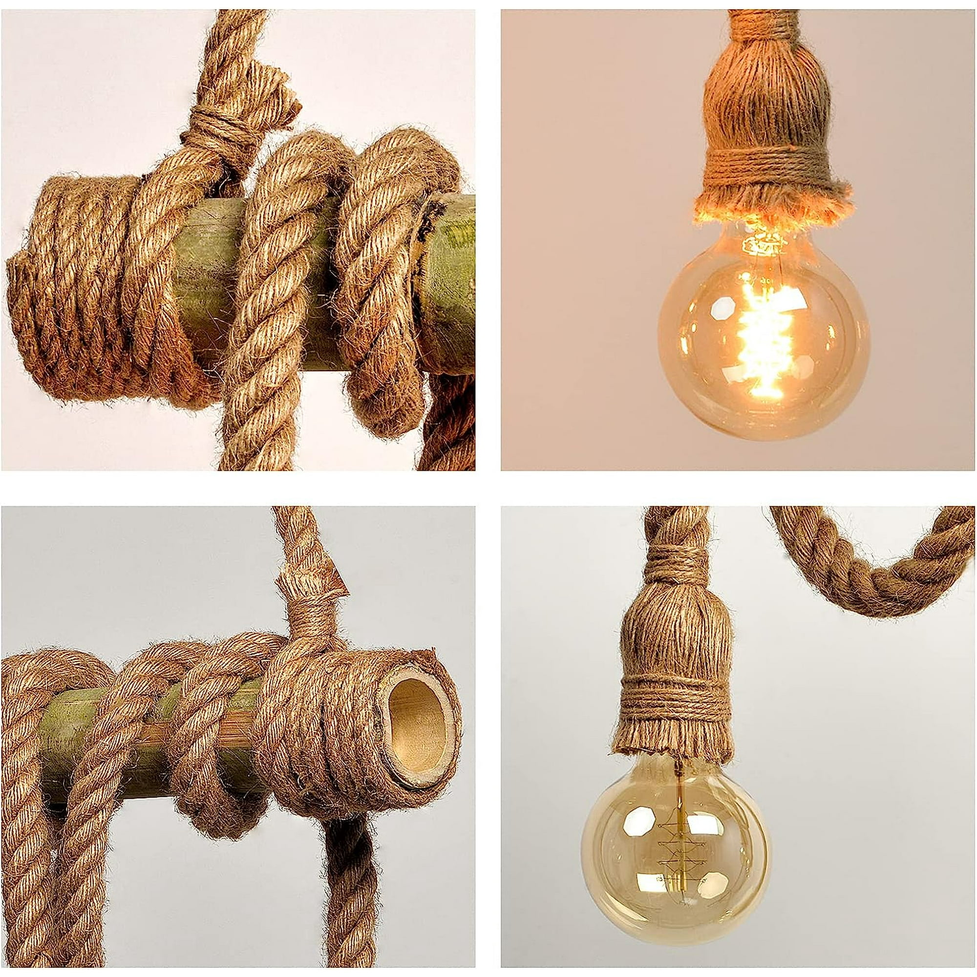 Arturesthome 4 Heads Hemp Rope Ceiling Pendant Light, Vintage Bamboo Chandeliers Decoration, Rustic Industrial Hanging Lamp for Bedroom Restaurant Cafe Bar