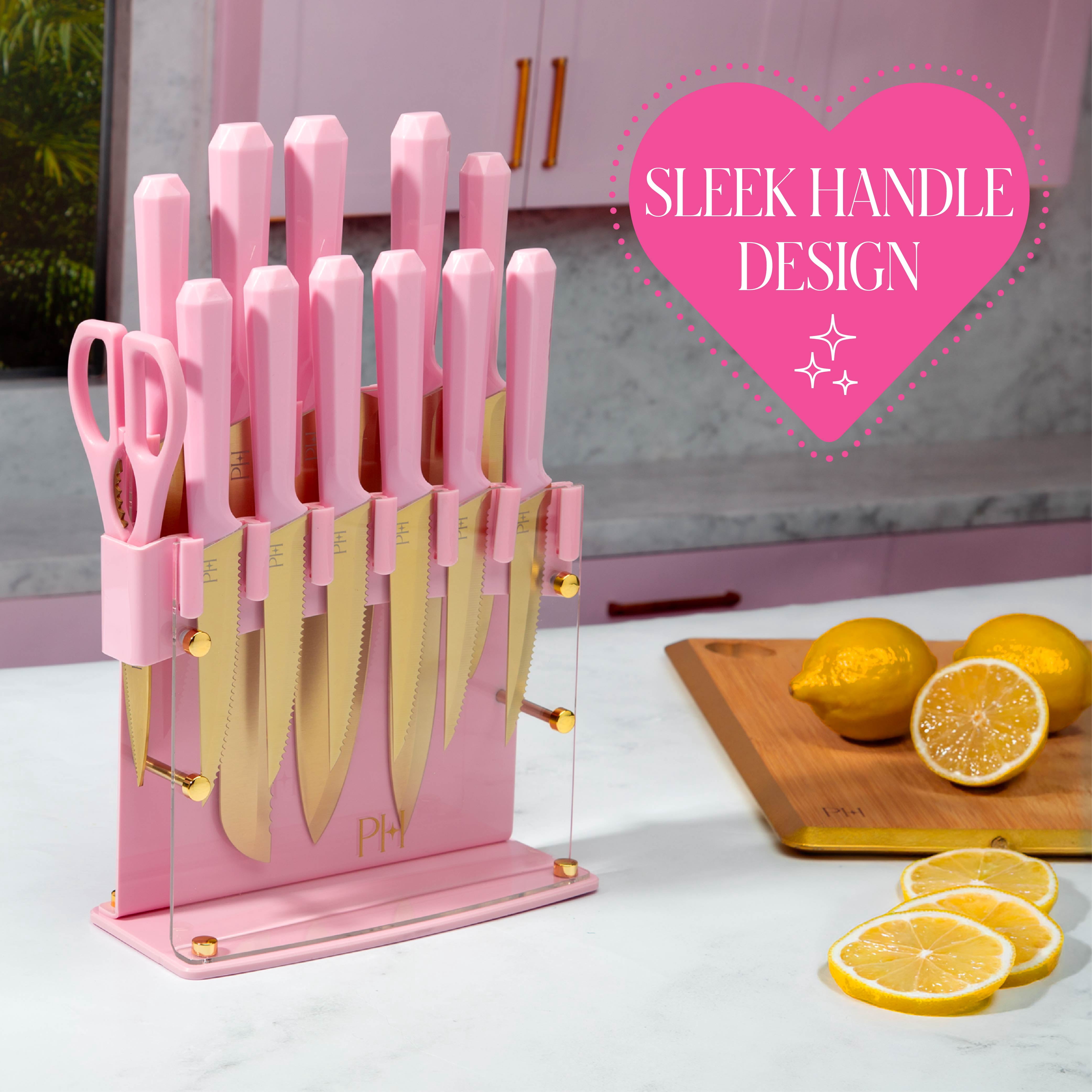 Paris Hilton 13-Piece Knife Block Set with Acrylic Shield, Gold Titanium-Coated Stainless Steel Blades, Pink Faceted Handles