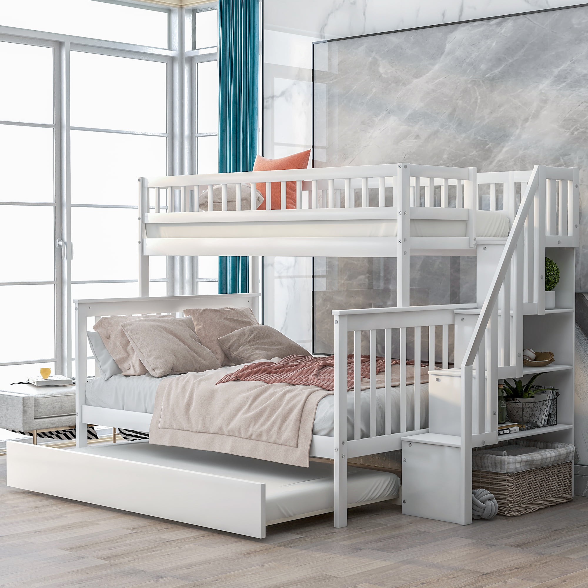 Euroco Twin Over Full Bunk Bed With, Twin Over Twin Bunk Bed With Trundle And Stairs