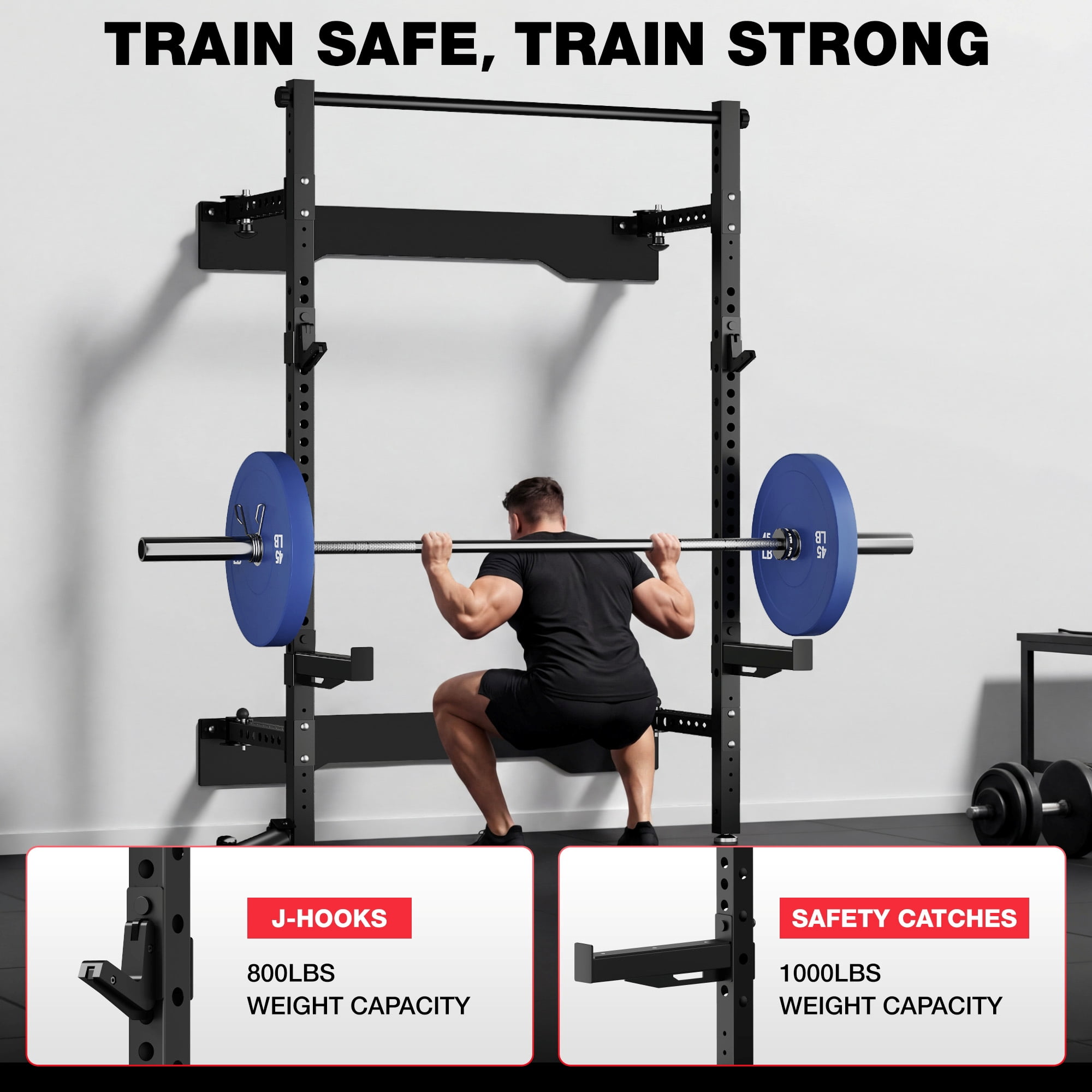 Folding Wall Mounted Squat Rack,1000 lbs Capacity Power Rack for Home Gym,Space-Saving Foldable Squat Rack with Pull-Up Bar & Landmine,Heavy-Duty 2.36" x 2.36" Steel Frame Power Cage