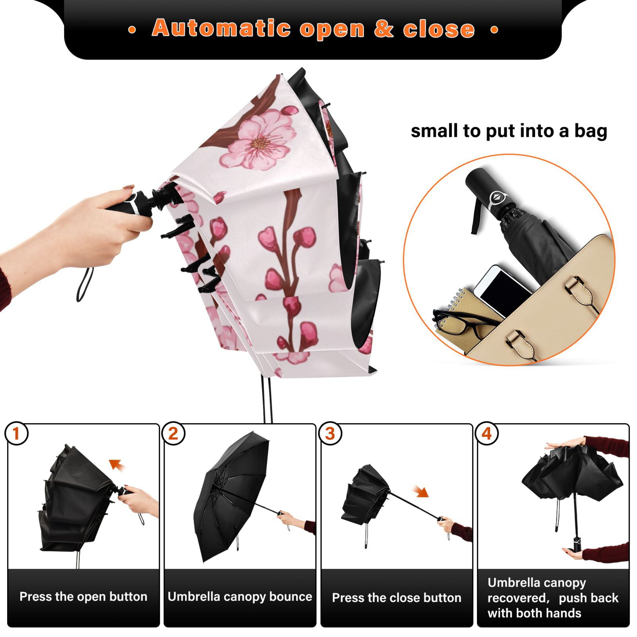 Pink Blossom Branches Extra Large Automatic Umbrella, UV Protection, Waterproof, Auto Open and Close