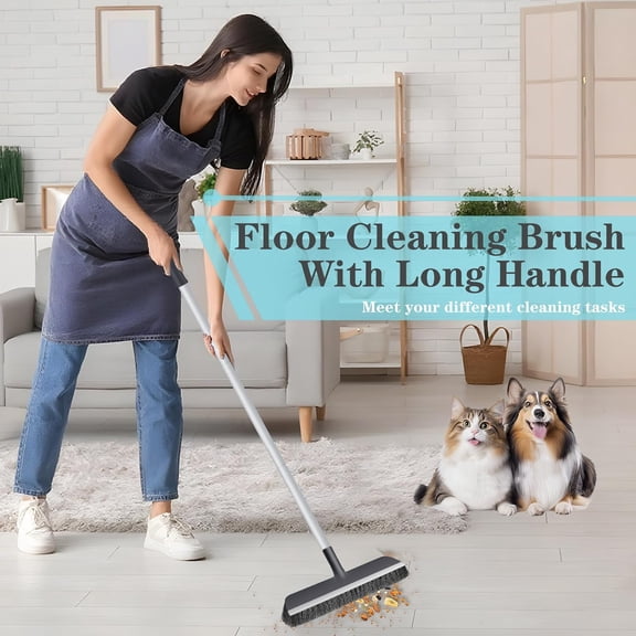 2-in-1 Adjustable Long Handle Heavy-Duty Stiff Bristle Floor Scrub Brush for Bathroom Kitchen Patio Garage Deck