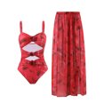 thumbnail image 2 of ZQGJB Women's One Piece Swimsuit with Beach Cover up Wrap Skirt Sarong Retro Floral Print Bikini Set Two Piece Bathing Suit(Red,S), 2 of 4