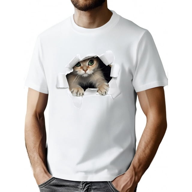 Camiseta informal de verano para hombre, con cuello redondo y estampado de gatitos, ligeramente elástica, corte regular, manga corta a la moda para uso diario.
