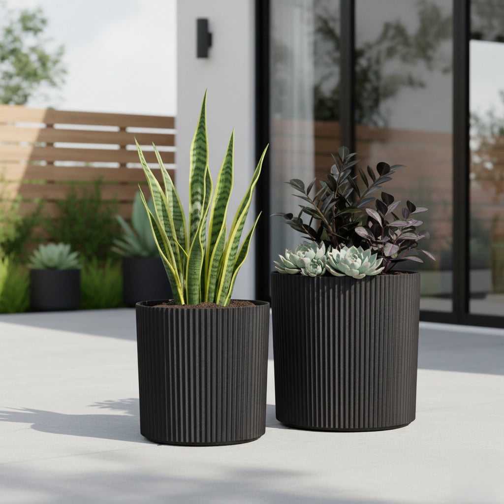 Serene 14in and 12in Round Black Plastic Plant Planters with Drainage Holes, 2-Pack