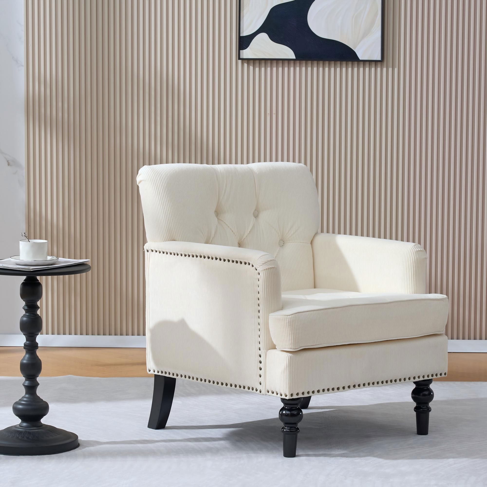MAYEERTY Tufted Corduroy Accent Chair, Mid Century Upholstered Armchair with Rubber Wood Legs, for Living Room Bedroom Reading Nook