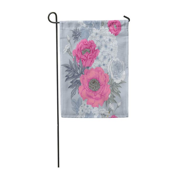 POGLIP Garden Flowers Roses Peonies Hydrangeas Carnations Floral in Victorian Garden Flag Decorative Flag House Banner 28x40 inch
