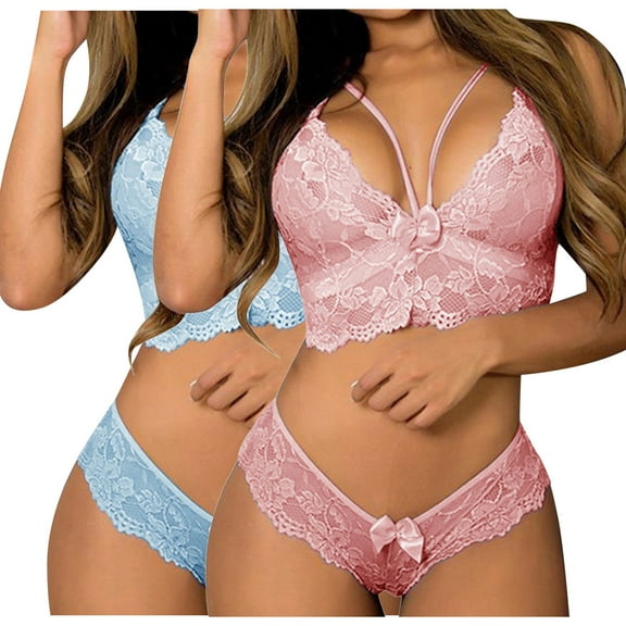 Lovskoo Women's Sleepwear Sets Bra and Panty Corset Lace Floral Bralette Bra Two Piece Underwear Sleepwears Outfits Gift for Valentine's Day Light Blue