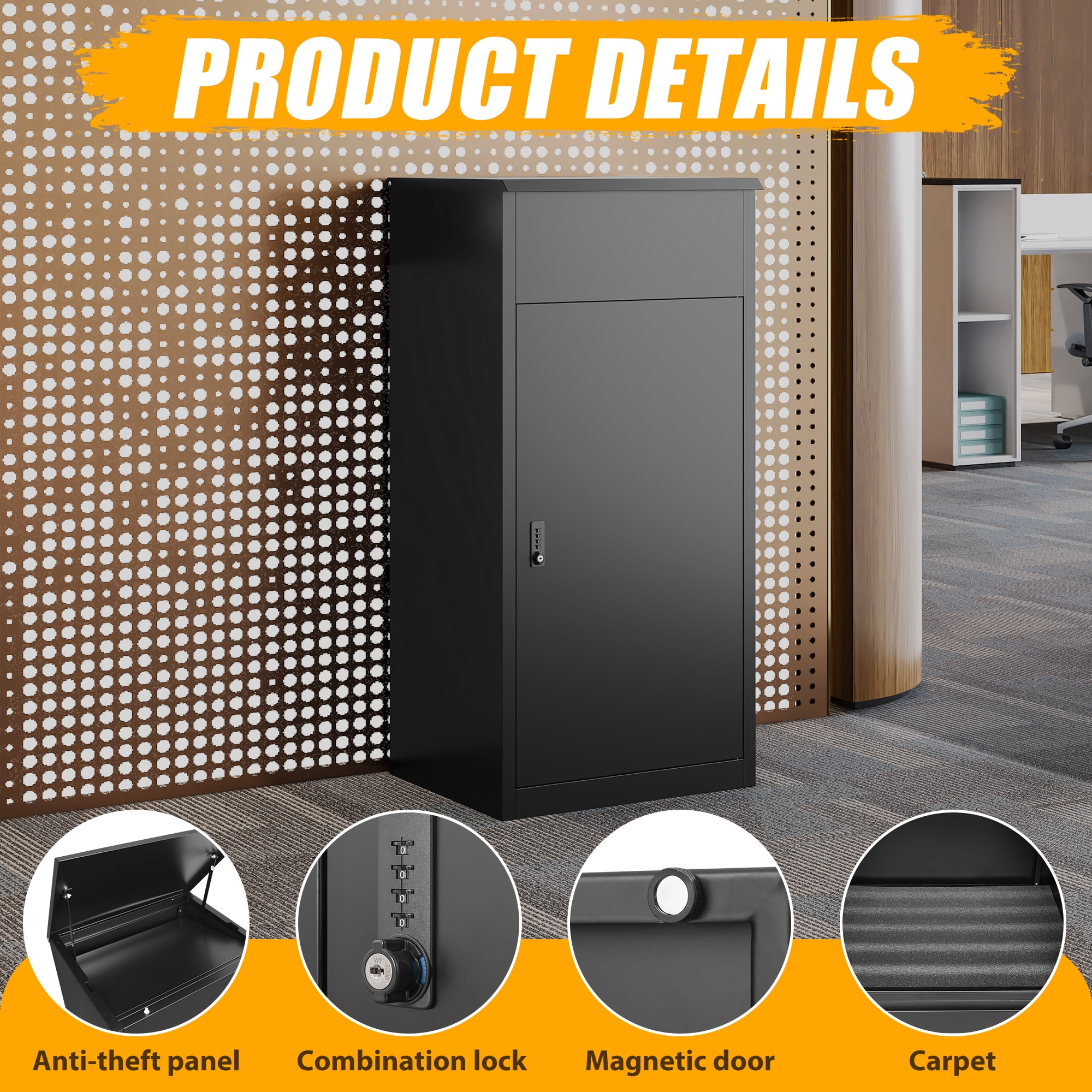 STANI Metal Package Delivery Boxes with Coded Lock, Anti-theft Baffle, Express Mail Package Drop Box for Porch, Curbside, Outdoor, Black, 41.3"H x 19.7"W x 16.1"D