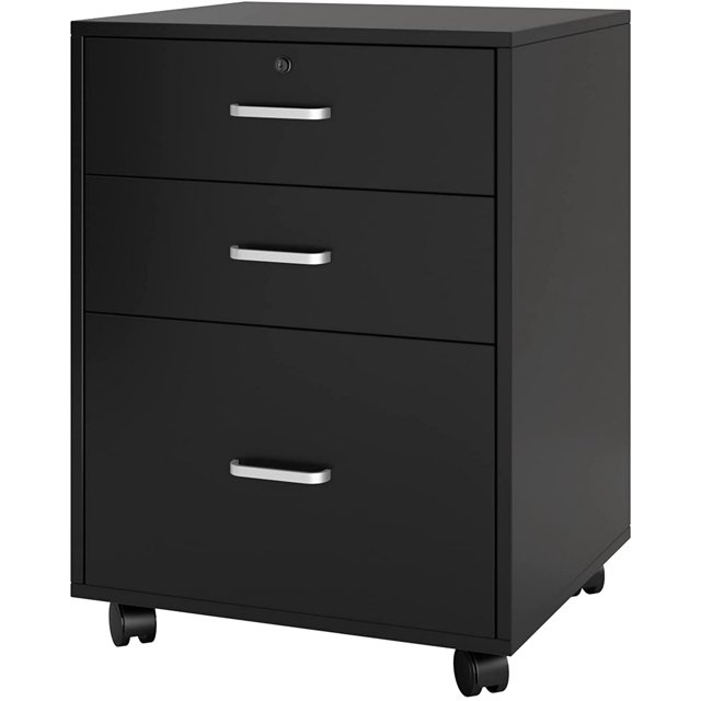 Soges Classeur Mobile à 3 Tiroirs, Classeur Roulant, Armoire de Bureau Moderne avec Serrure et Roulettes, Noir