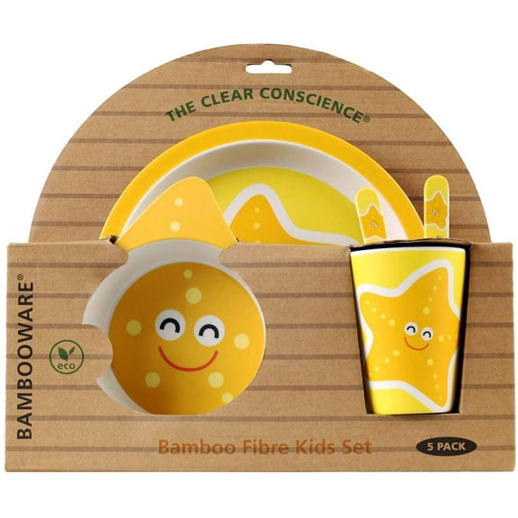 TheClearConscience Bamboo kids dinnerware set I 5 pieces tableware set I Starfish with cutlery I bowl, drinking cup, plate, fork and spoon, reusable, natural material, BPA free, dishwasher safe, new